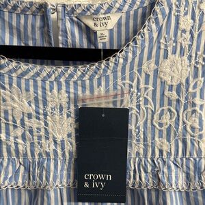 Crown & Ivy Light Blue and White Embroidered Blouse